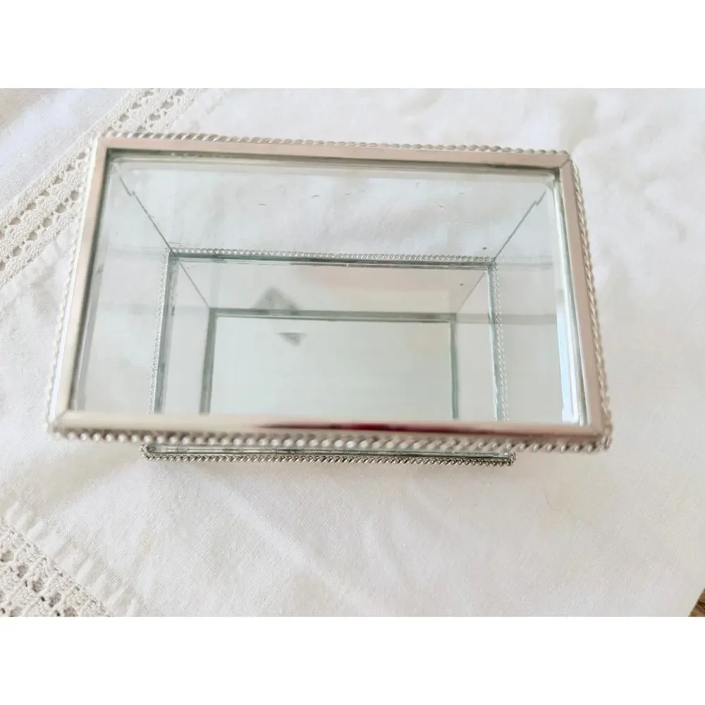 Studio Silversmiths Silver Plated Mirrored Glass Jewelry Box Rope Trim Vintage